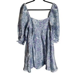 Storia Claire Floral Damask Babydoll Puff Sleeve Mini Dress in Purple Sz Large‎